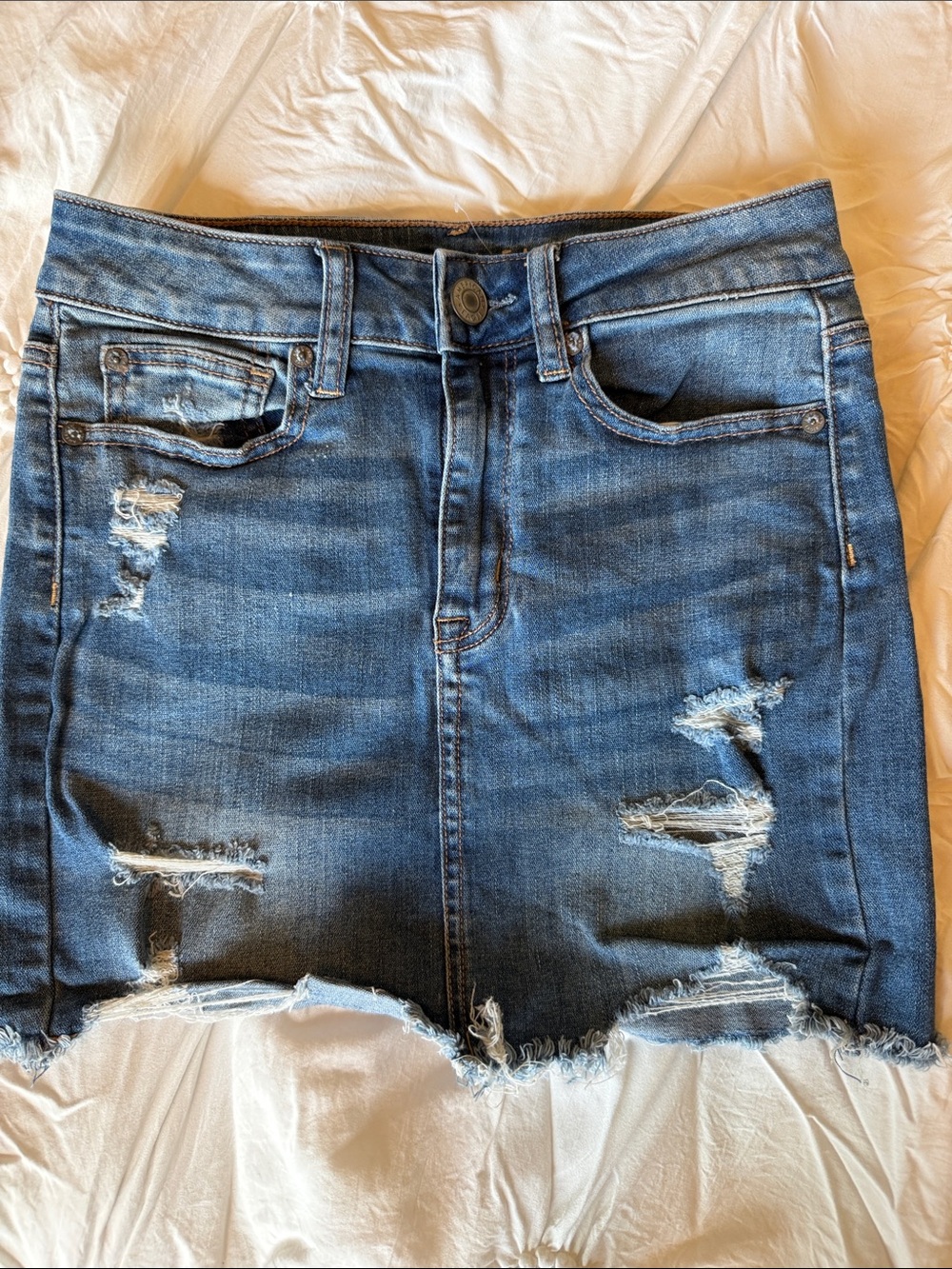 American Eagle Outfitters Distressed Blue Denim Mini Skirt. Size 2.